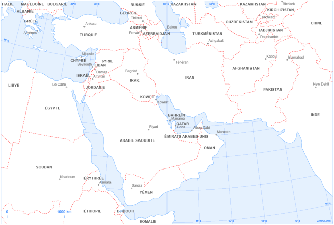 Un fond de carte du Proche et du Moyen-Orient : localisation des États et capitales