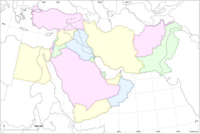Un fond de carte du Proche et du Moyen-Orient : limites du Proche et du Moyen-Orient