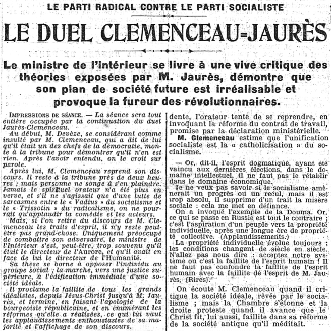 Le duel Clemenceau-Jaurès, La Presse, 20 juin 1906