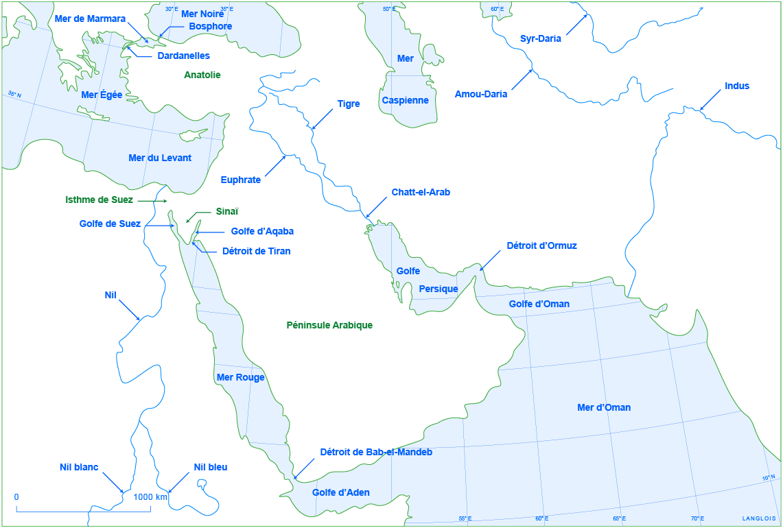 Un fond de carte du Proche et du Moyen-Orient : localisations des mers, fleuves, détroits, isthmes, golfes et péninsules