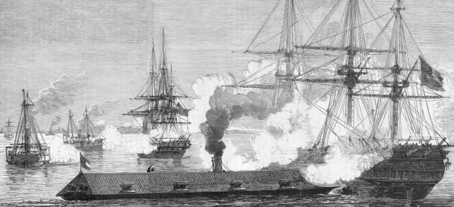 « GUERRE D’AMÉRIQUE. — Combat naval de New-Port-News, les 8 et 9 mars. — Le Merrimac coulant le Cumberland. » Le Monde illustré, 5 avril 1862.