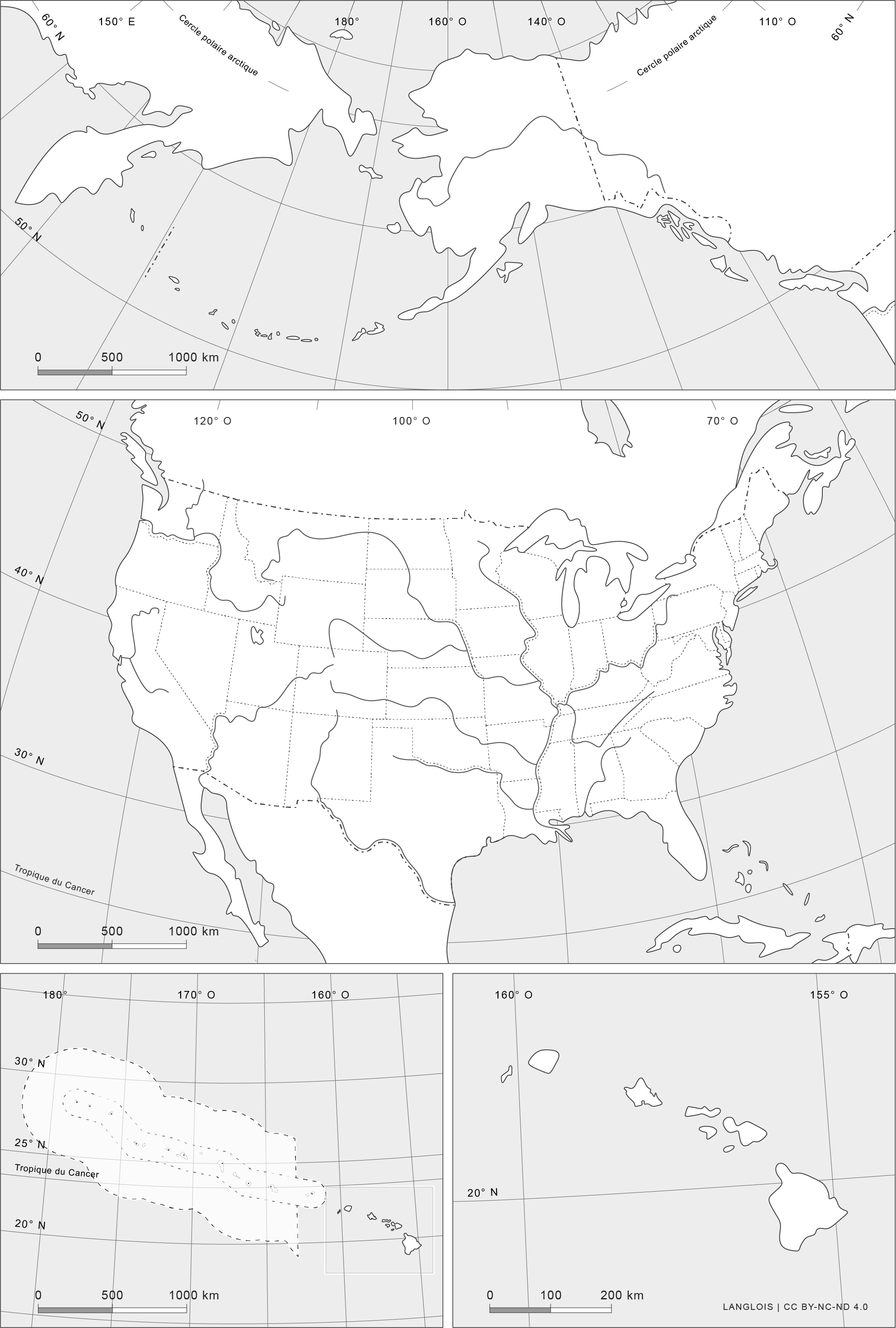 Fond de carte des États-Unis avec l'Alaska et Hawaï à la même échelle que les quarante-huit États contigus Fond de carte des États-Unis avec l'Alaska et Hawaï à la même échelle que les quarante-huit États contigus